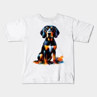 Vibrant Black and Tan Coonhound in Splash Art Kids T-Shirt